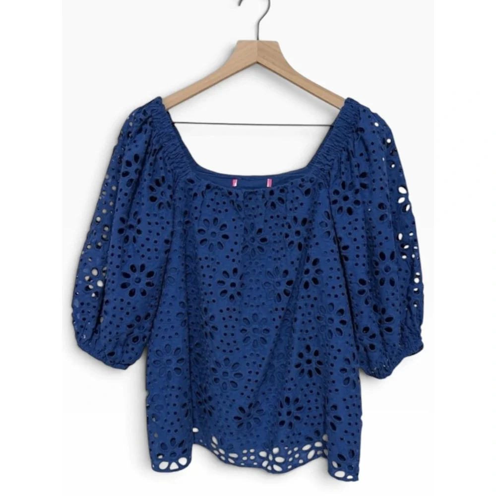 Lilly Pulitzer Women Blue Eyelet Embroidered Puff Sleeve Square Neck Top Size M